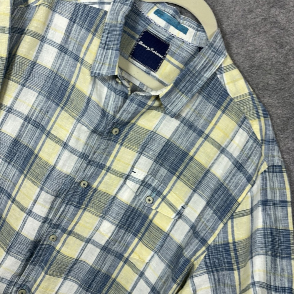 Tommy Bahama Linen Shirt Mens XL Blue Yellow Plaid Lightweight Tropical